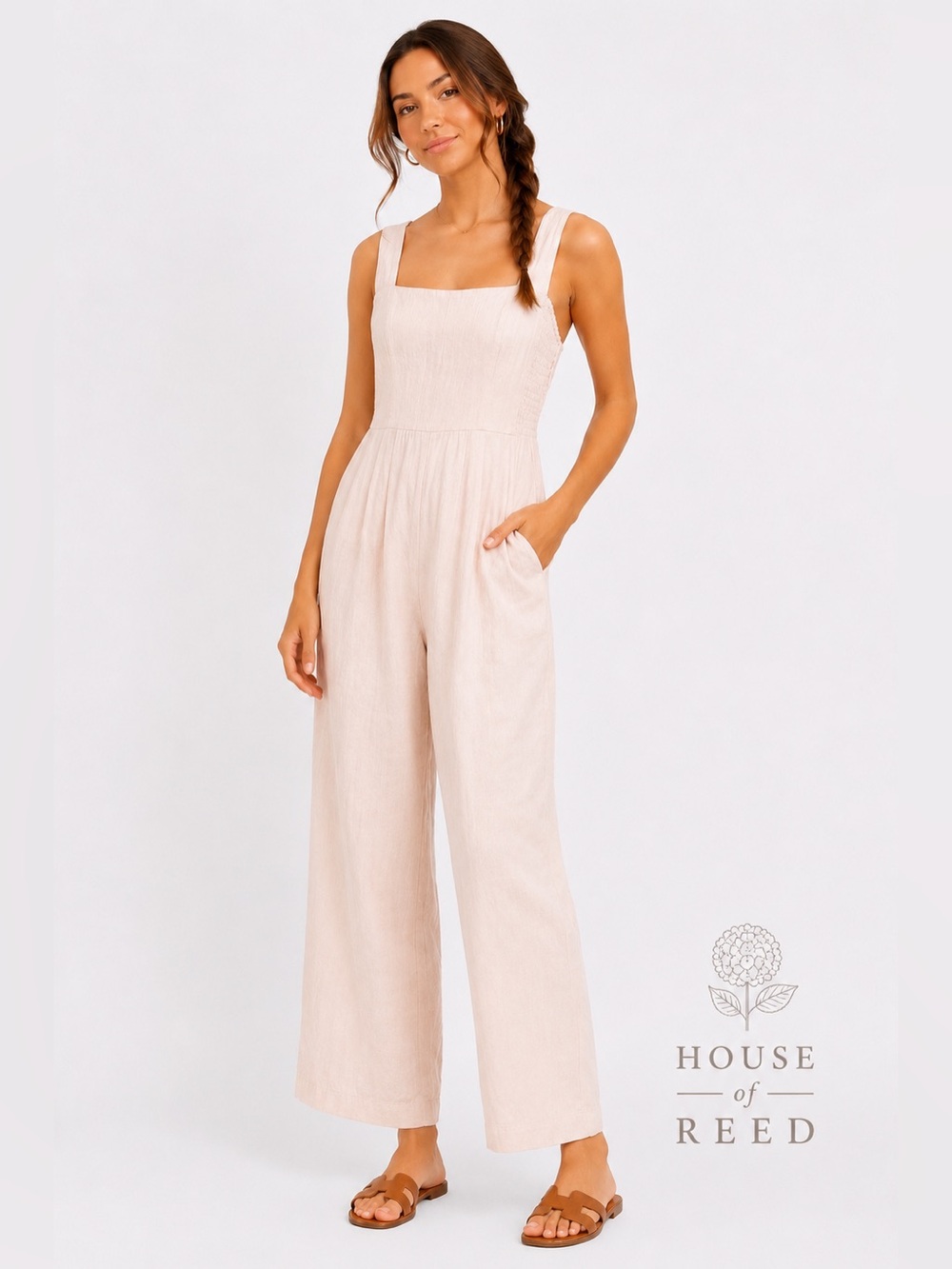 Speechless Light Pink Sleeveless Wide Leg Jumpsuit Smocked Linen Feel M